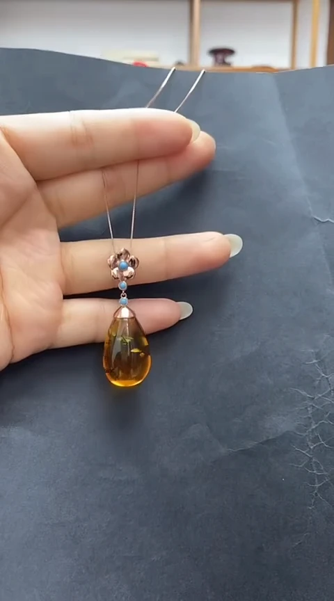 银S925镶嵌琥珀裸石琥珀锁骨