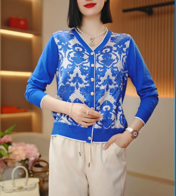 (八店)2025春季新品长袖休闲女士复古轻奢印花百搭显瘦外套-286