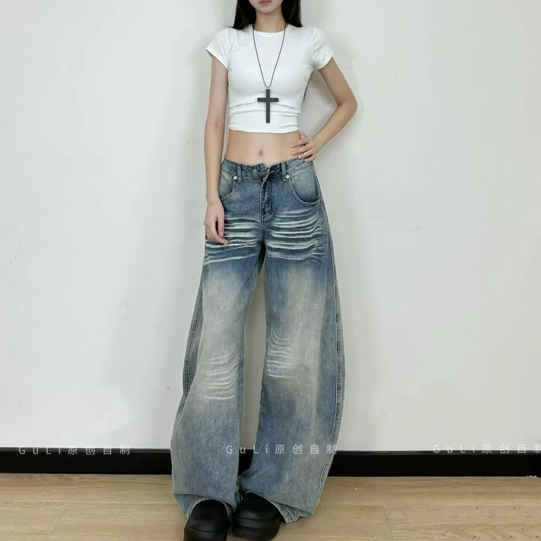 GL 加绒原创弯刀小众水洗猫须直筒牛仔裤子女辣妹百搭感宽松阔腿