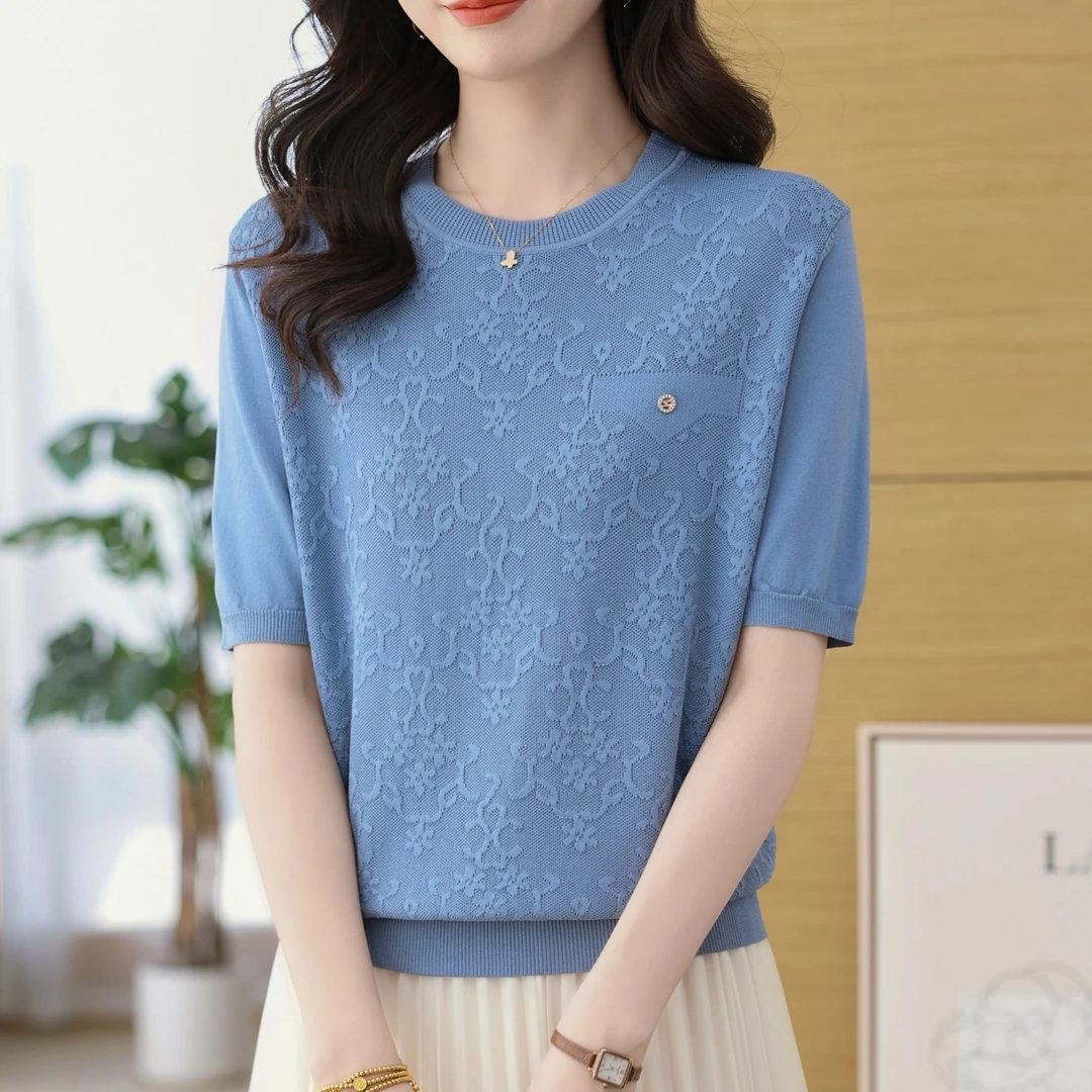 【天丝】2025新款短袖T恤女夏季薄款圆领洋气宽松凉感针织衫上衣