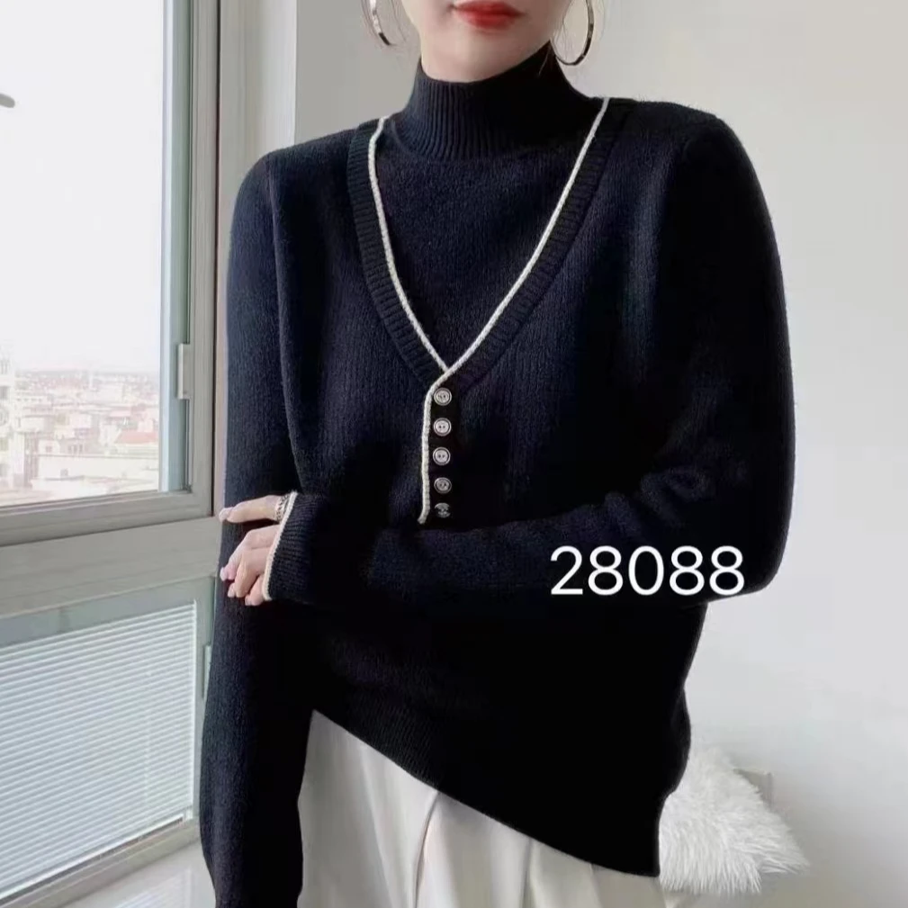913#一体绒假两件针织衫新款半高领430