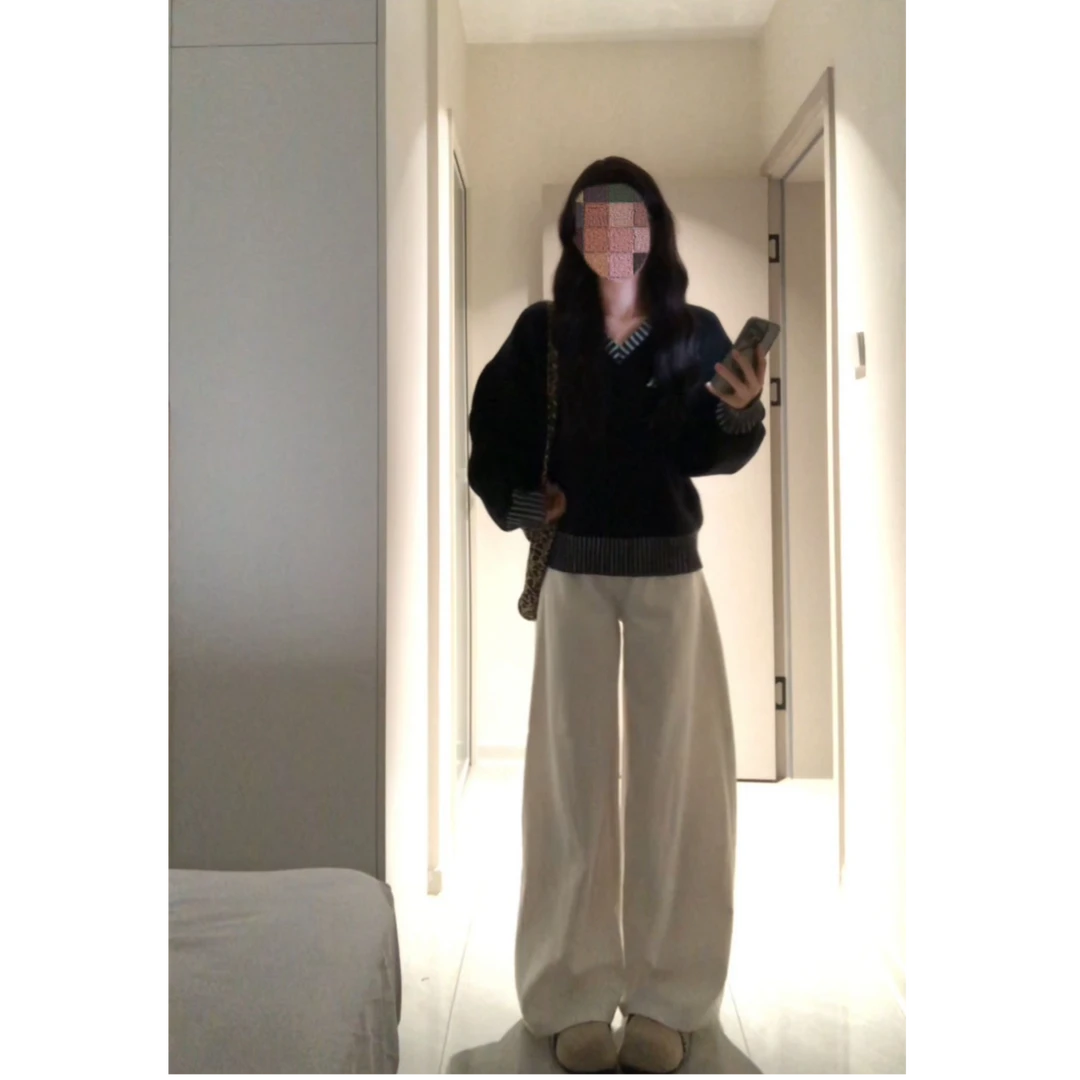 条纹边V领宽松复古慵懒针织上衣高腰显瘦拖地裤子套装女X11237