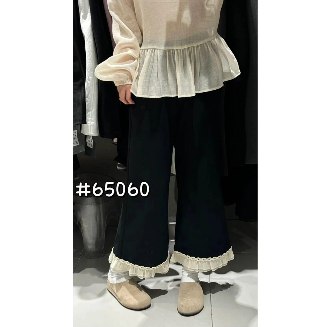 【王肉肉】25年春夏新款九分弹力拼接蕾丝花边阔腿裤