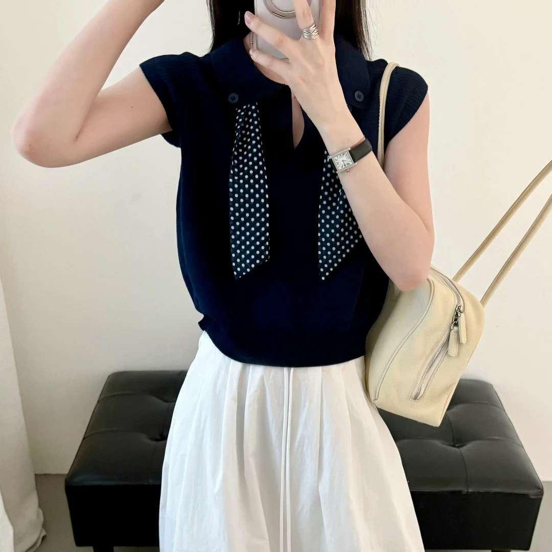 夏日ootd穿搭时尚丝巾翻领小飞袖t恤女夏薄款轻奢高级感气质上衣