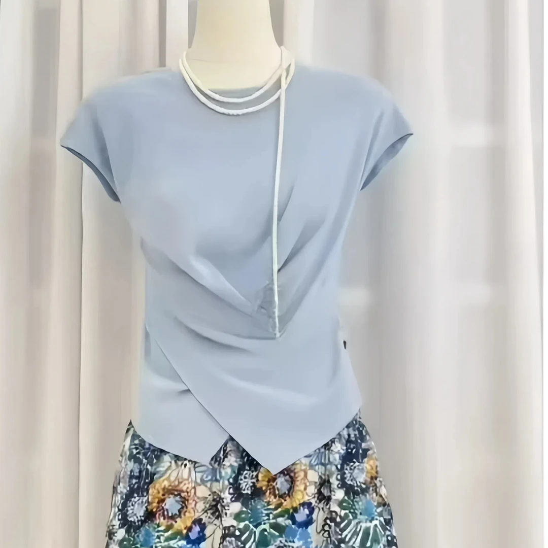 设计感交叉纽扣圆领短袖针织衫韩版上衣薄款夏季舒适软糯上衣女