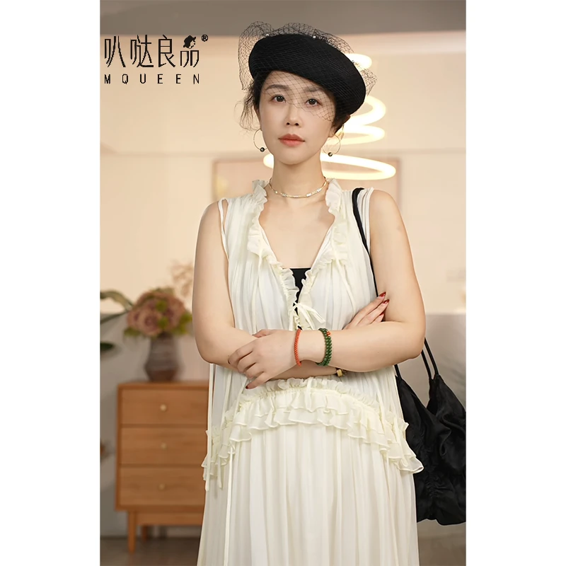 【叭哒不惑】无序 顺纡桑蚕丝V领背心连衣裙设计感压褶不规则长裙