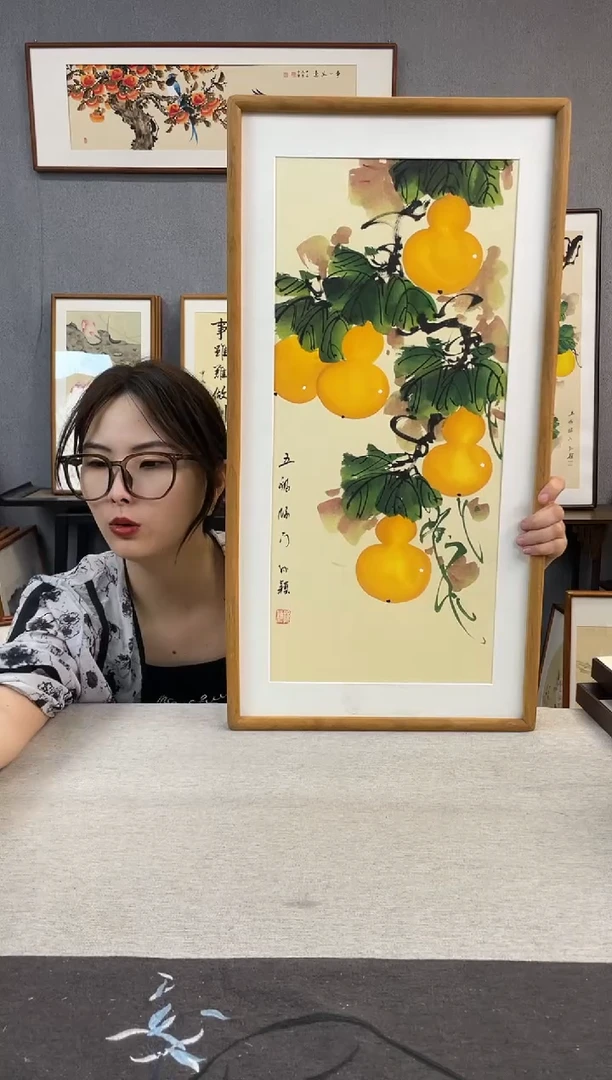 国画手写手绘带框作品-35*68-葫芦