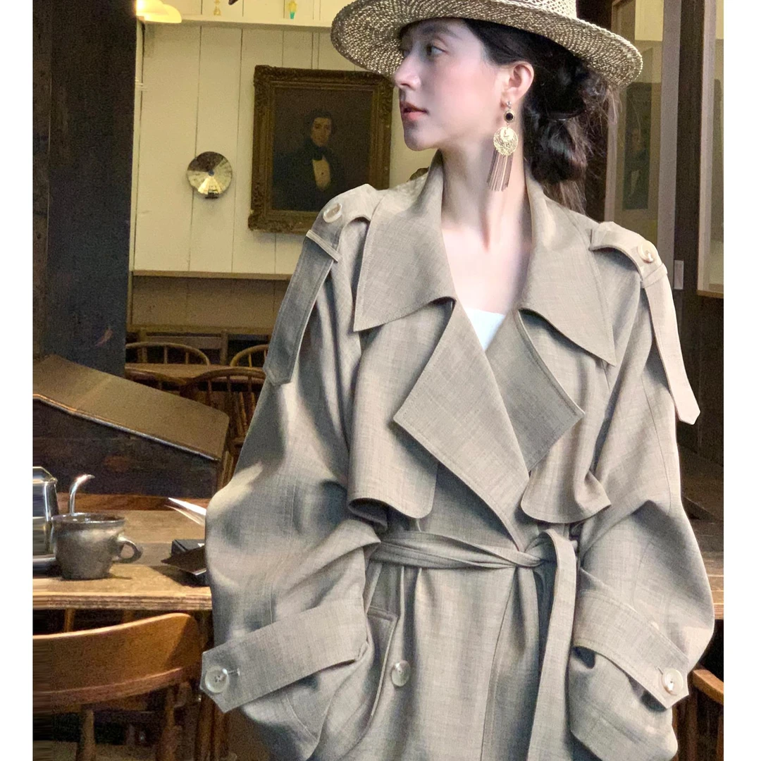 2025秋冬新款【老派审美】韩系翻领风衣外套秋麻肌理感双排扣中长款