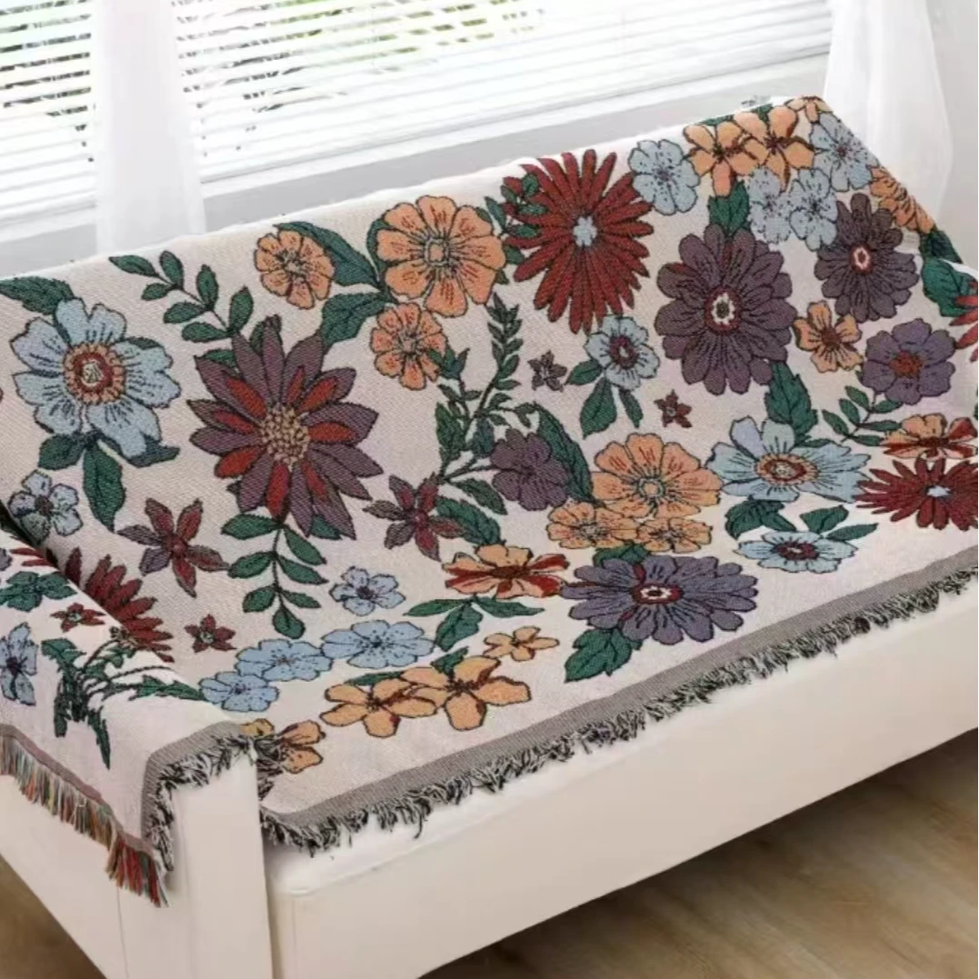 【菲总专属】花满园流苏沙发巾提花亚麻沙发毯茶毯桌毯多功能沙发巾