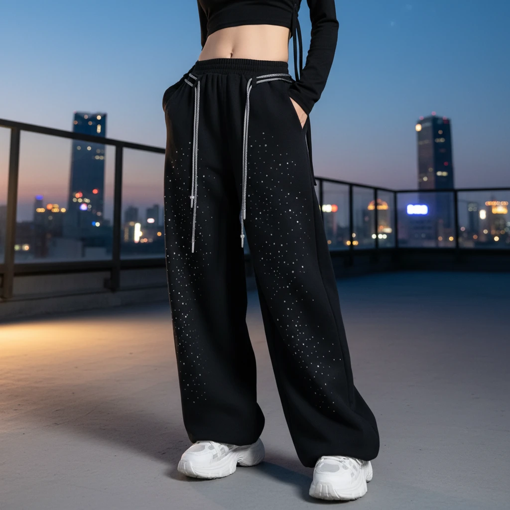 2552新品烫钻高街法棍女长裤宽松阔腿裤琥珀裤女款正宗跳舞裤子