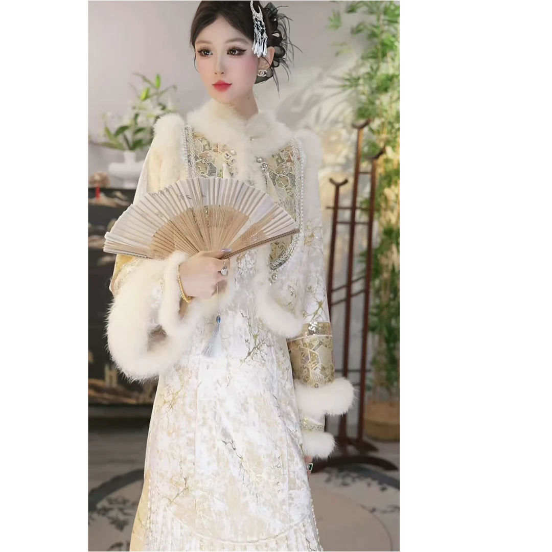 储秋2025冬季新款香槟加绒复古日常女装裙子套装（5922+5932）