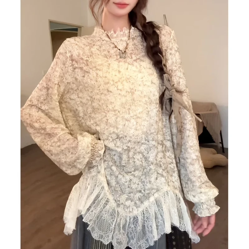 时尚高级感碎花蕾丝内搭蕾丝衫女秋冬叠穿半高领百搭长袖打底上衣