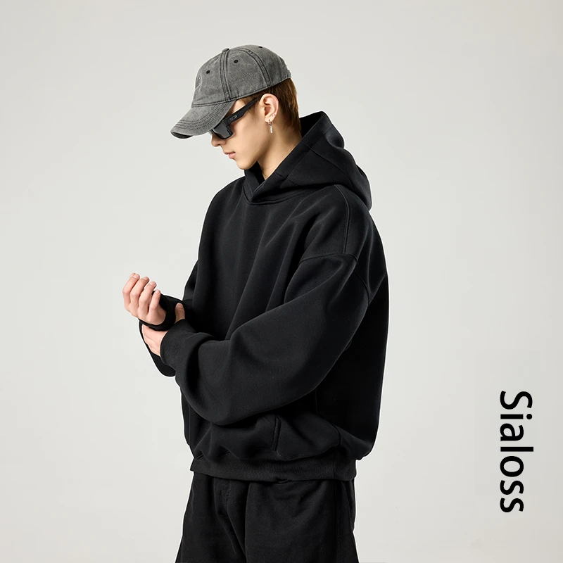 SiaLoss重磅连帽短款卫衣男早秋季百搭潮流纯色美式宽松硬挺外套