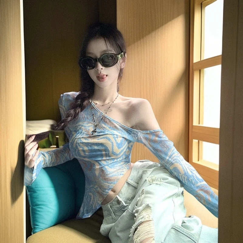 美式露肩长袖T恤女装秋季设计感不规则辣妹修身显瘦网纱防晒上衣