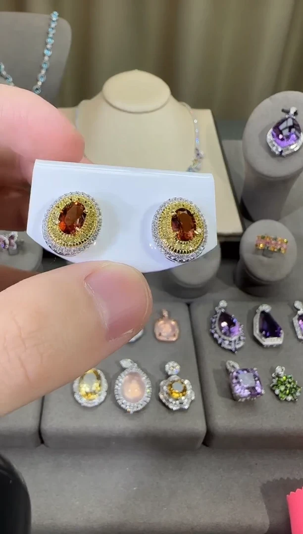 银S925镶嵌耳饰黄晶9*7mm耳钉