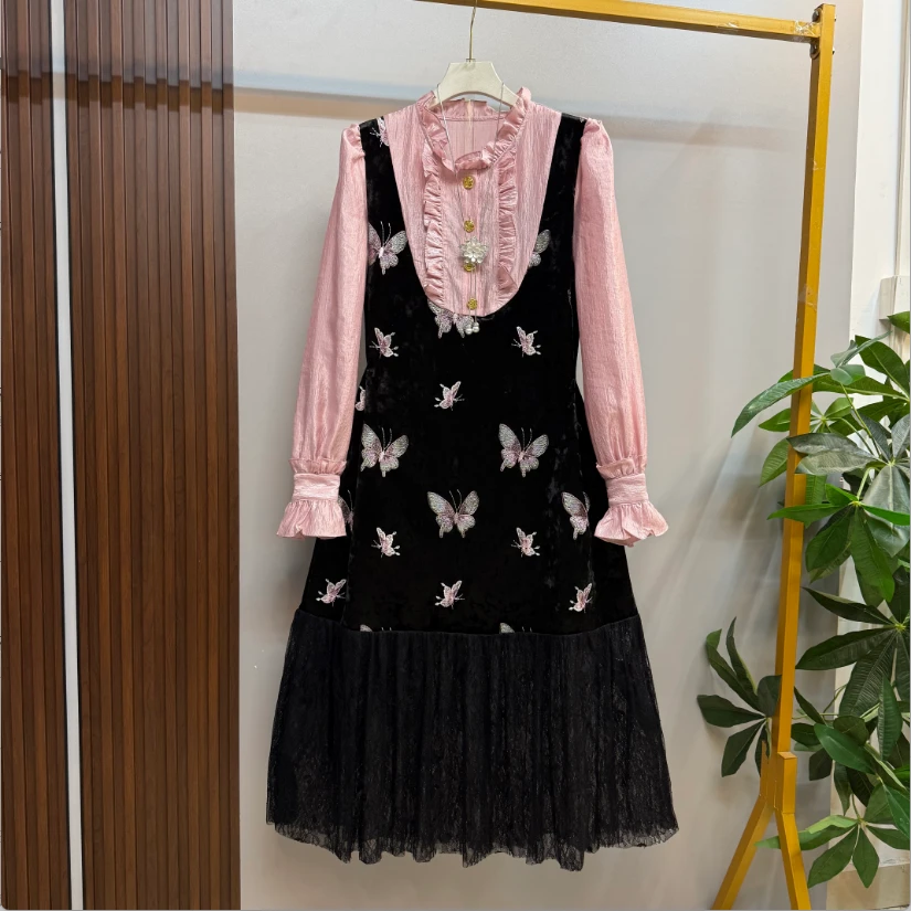 早秋新款欧货洋气重工蝴蝶刺绣设计丝绒拼接大码显瘦连衣裙