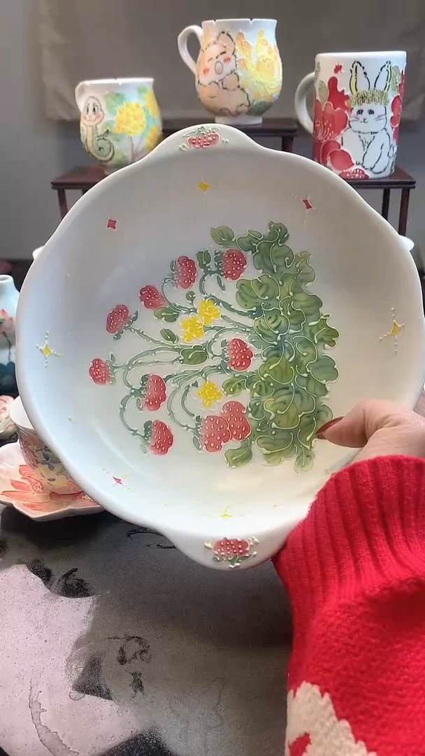 一味*手绘*双耳草莓盘