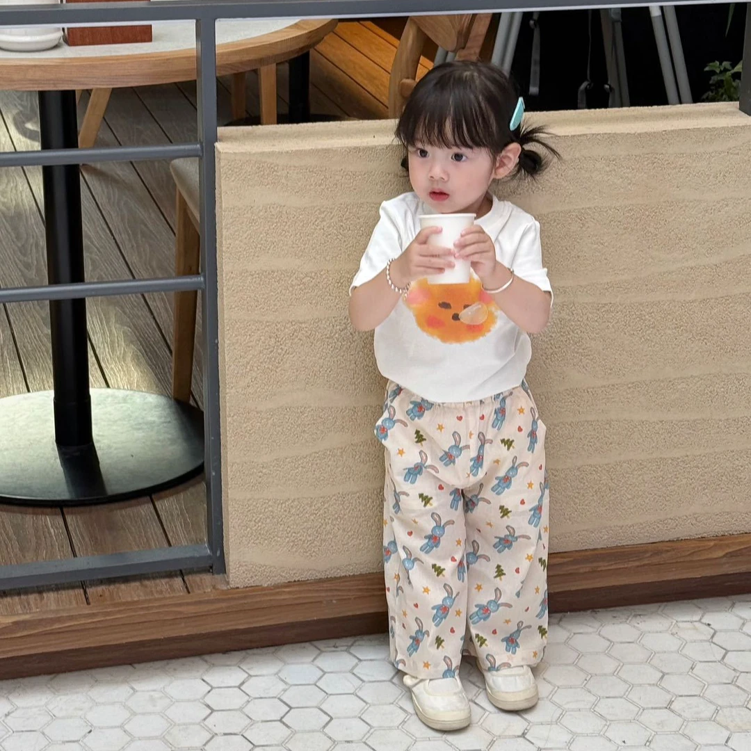 《小思家》女童2025年夏季新款小熊T恤卡通兔子休闲裤套装