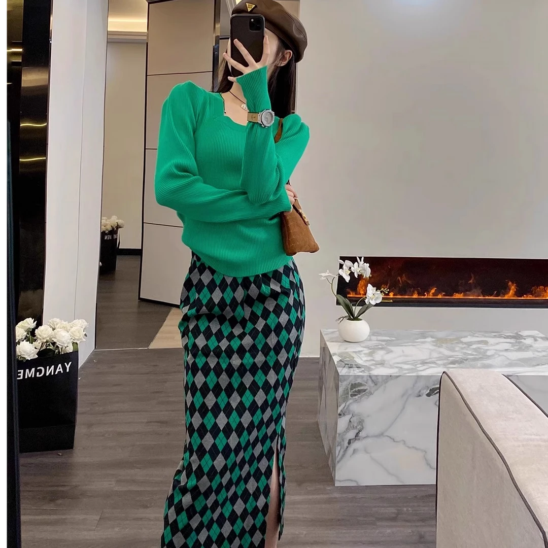 绿色高级感毛衣套装棋盘格半身裙两件套小个子显高入春一整套穿搭