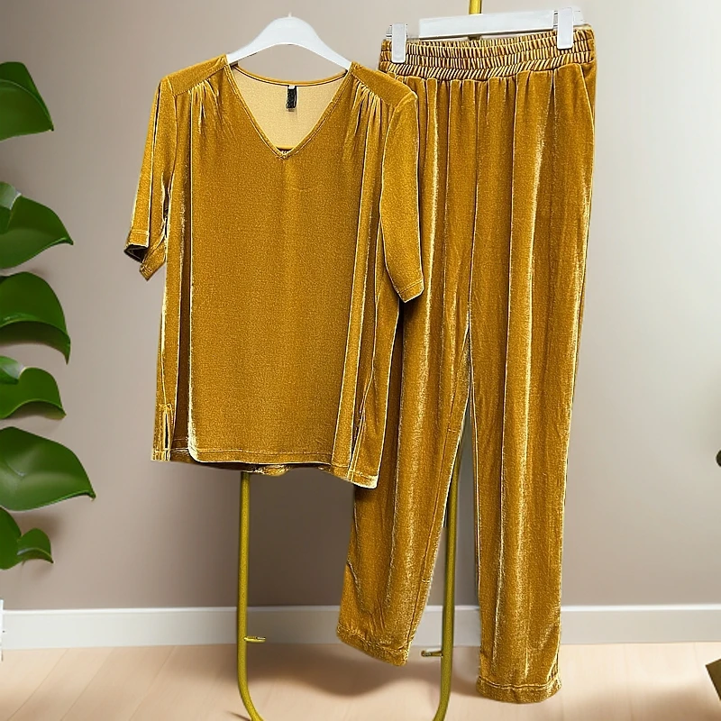 伊巍原创时尚丝绒高端定制气质短袖小脚裤套装701#--713#