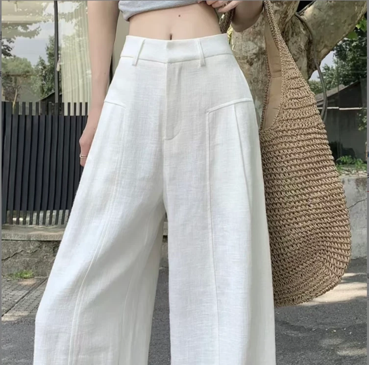 【现货原版品质】白色苎麻阔腿女2025夏季薄款高腰垂感麻料西9966#