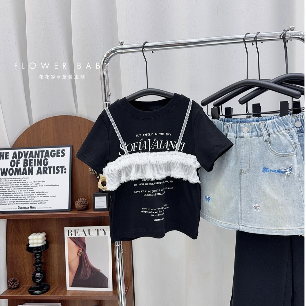 韩版女童装儿童中大童夏季时髦洋气短袖T恤假2件蕾丝亲子装少女装