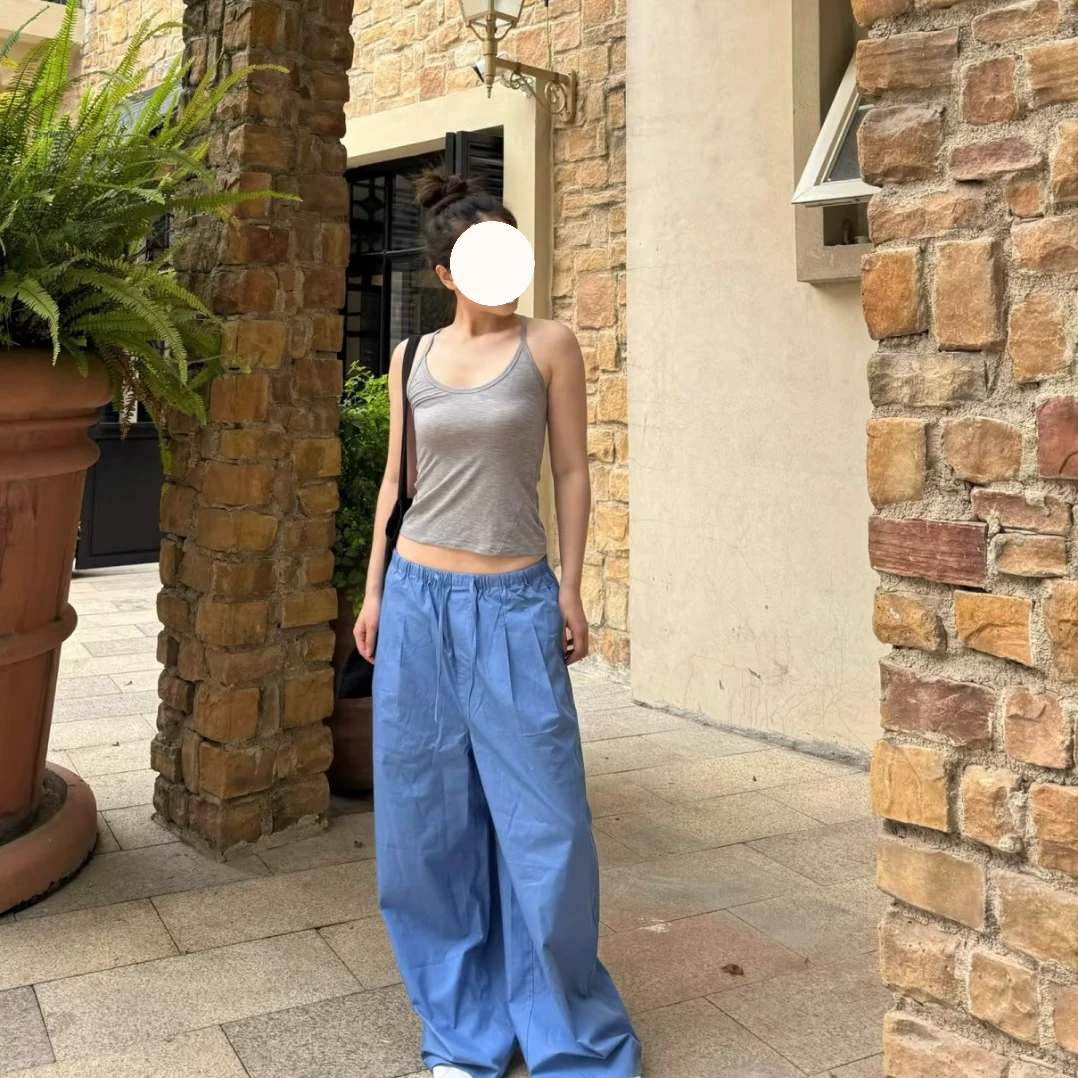 【棉感面料】ins网红夏季新款蓝色抽绳松紧腰长裤宽松阔腿休闲裤