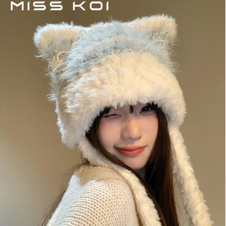 甜美蝴蝶结猫耳朵毛绒冬季百搭毛绒绒条纹针织帽子大头围显脸小