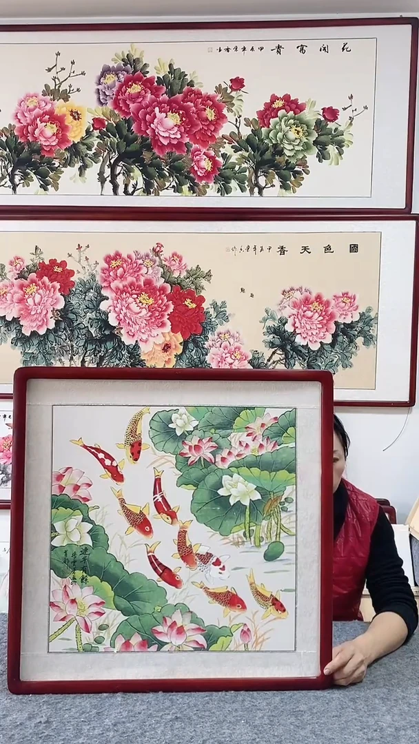 国画实木框纯手绘国画65*65画带框挂画