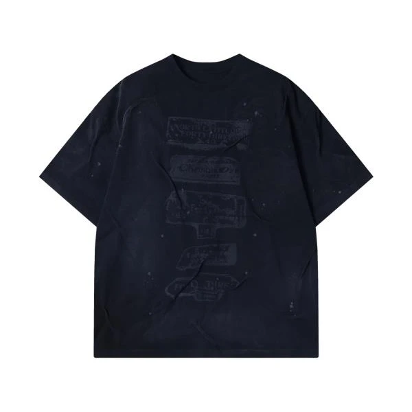 夏季高级感新款美式做旧褶皱印花字母圆领短袖T恤嘻哈痞帅上衣