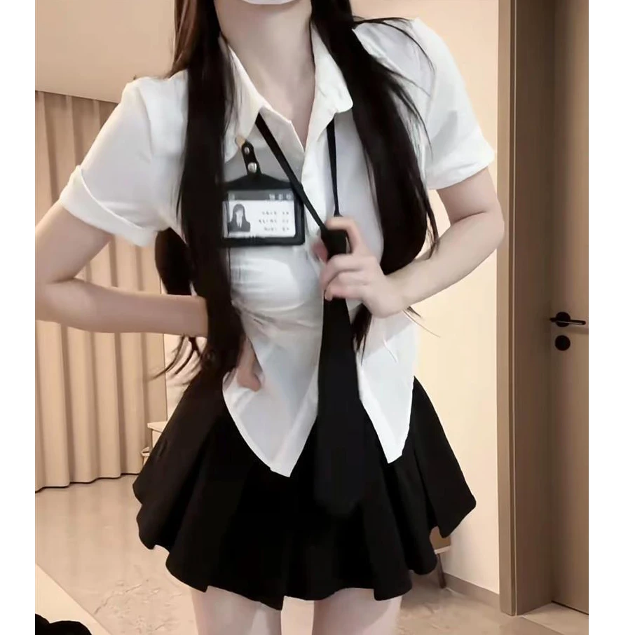 纯欲风法式辣妹JK制服套装夏季学院风收腰短袖衬衫女百褶裙两件套