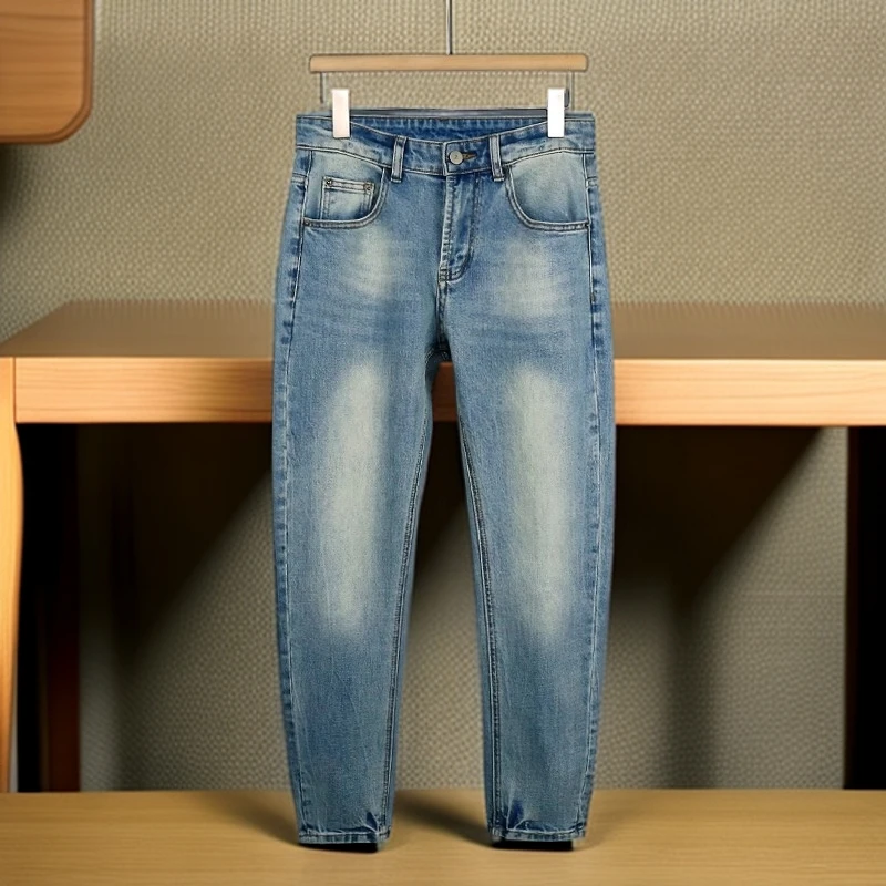 维斯克纳冰蓝色九分牛仔裤男士弹力压纹复古修身小脚裤帅气九分裤