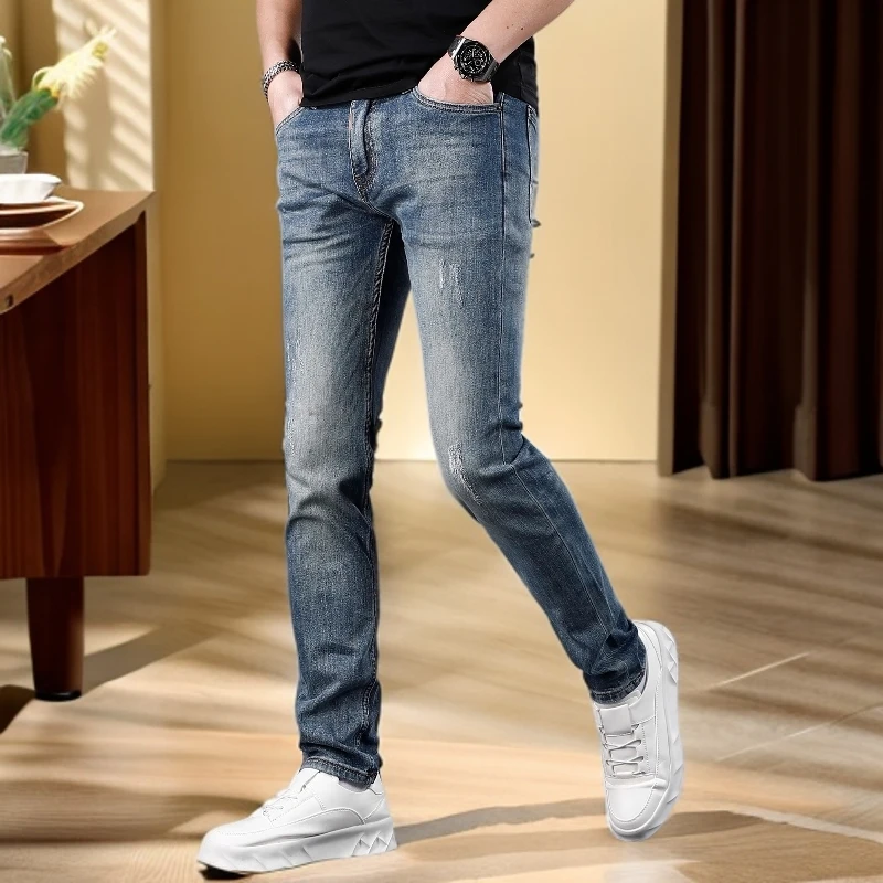 维斯克纳时尚复古牛仔裤男修身小脚新款弹力休闲男士牛仔长裤蓝色