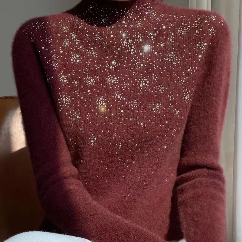 女士半高领抽条安迪绒烫钻羊毛衫洋气时尚百搭加厚保暖秋冬长袖