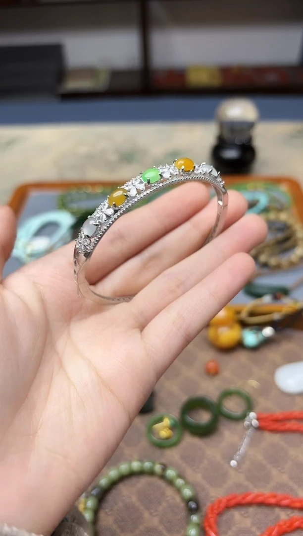 银S925镶嵌手镯翡翠s925银翡翠手镯YD