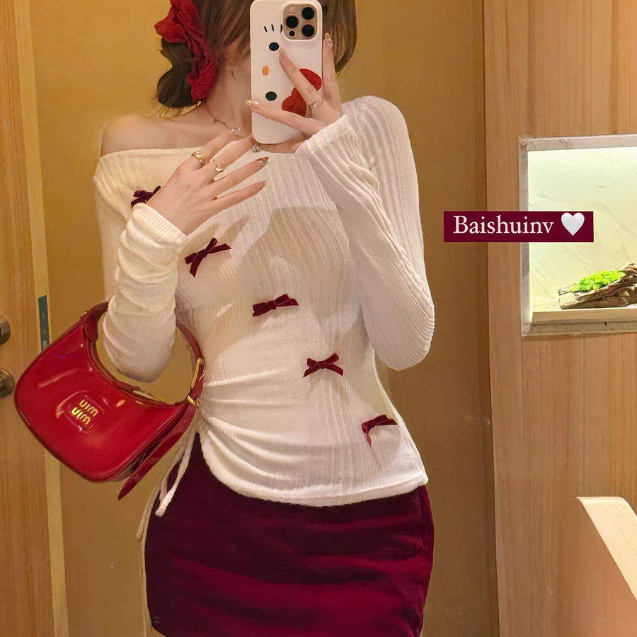 白水女秋冬纯欲甜辣妹丝绒两件套露肩上衣+修身显瘦包臀短裙套装