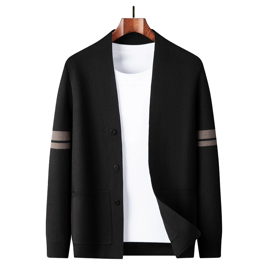 约文库费针织开衫宽松拼色外套春秋中年休闲男士外穿毛衣口袋外套