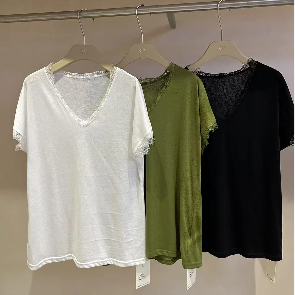 韩版新款V领上衣拼接蕾丝洋气时尚