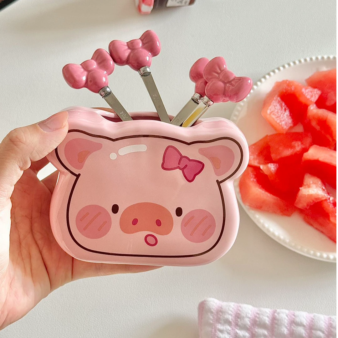 粉嫩小猪猪蝴蝶结水果叉套装儿童可爱不锈钢甜品蛋糕水果签少女心
