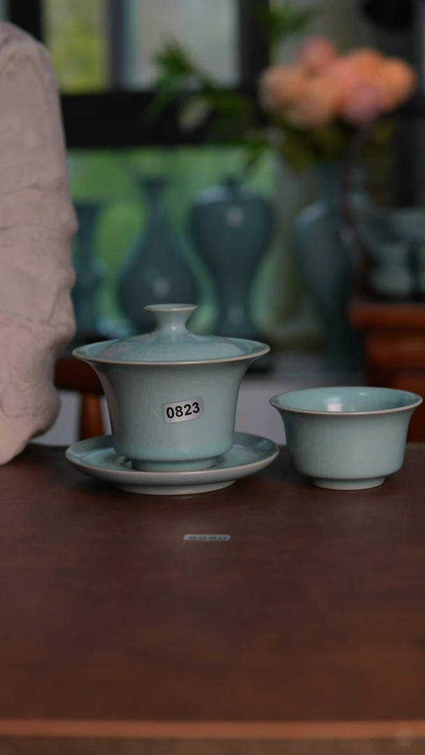 摆件0823天青釉马蹄三才130毫升全品
