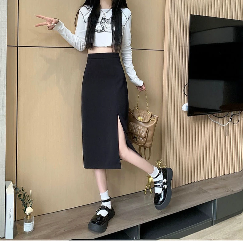 女装黑色春夏中长裙开叉半身裙显瘦气质高腰修身包臀裙小个子a字