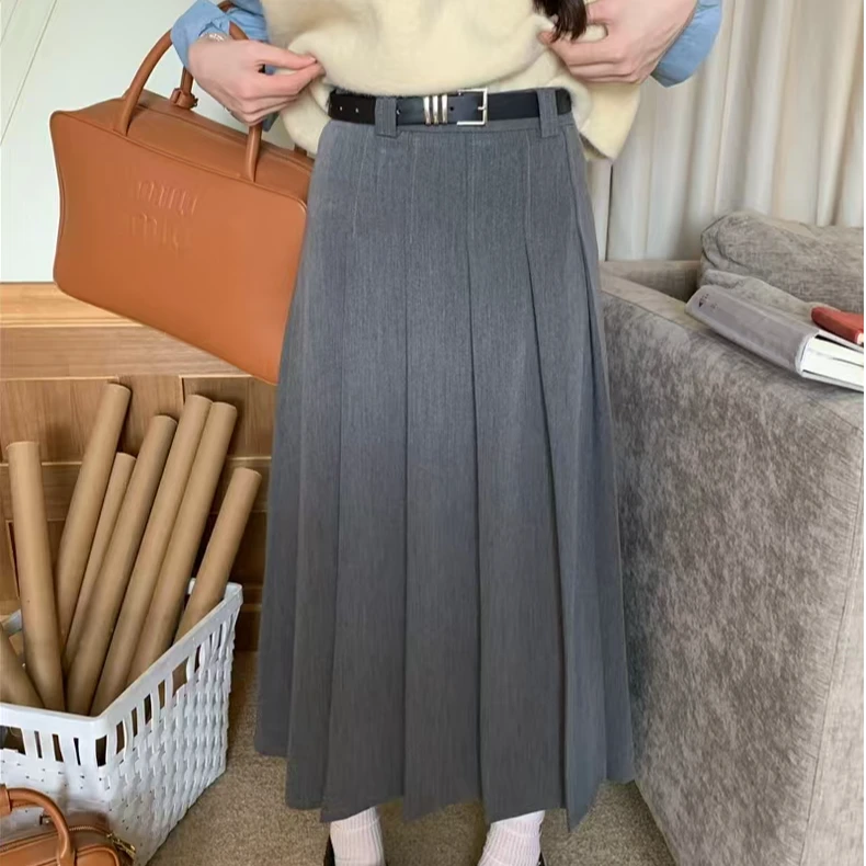 【春季长裙】灰色高腰显瘦miu系西装半身裙垂感百褶A字经典学院风
