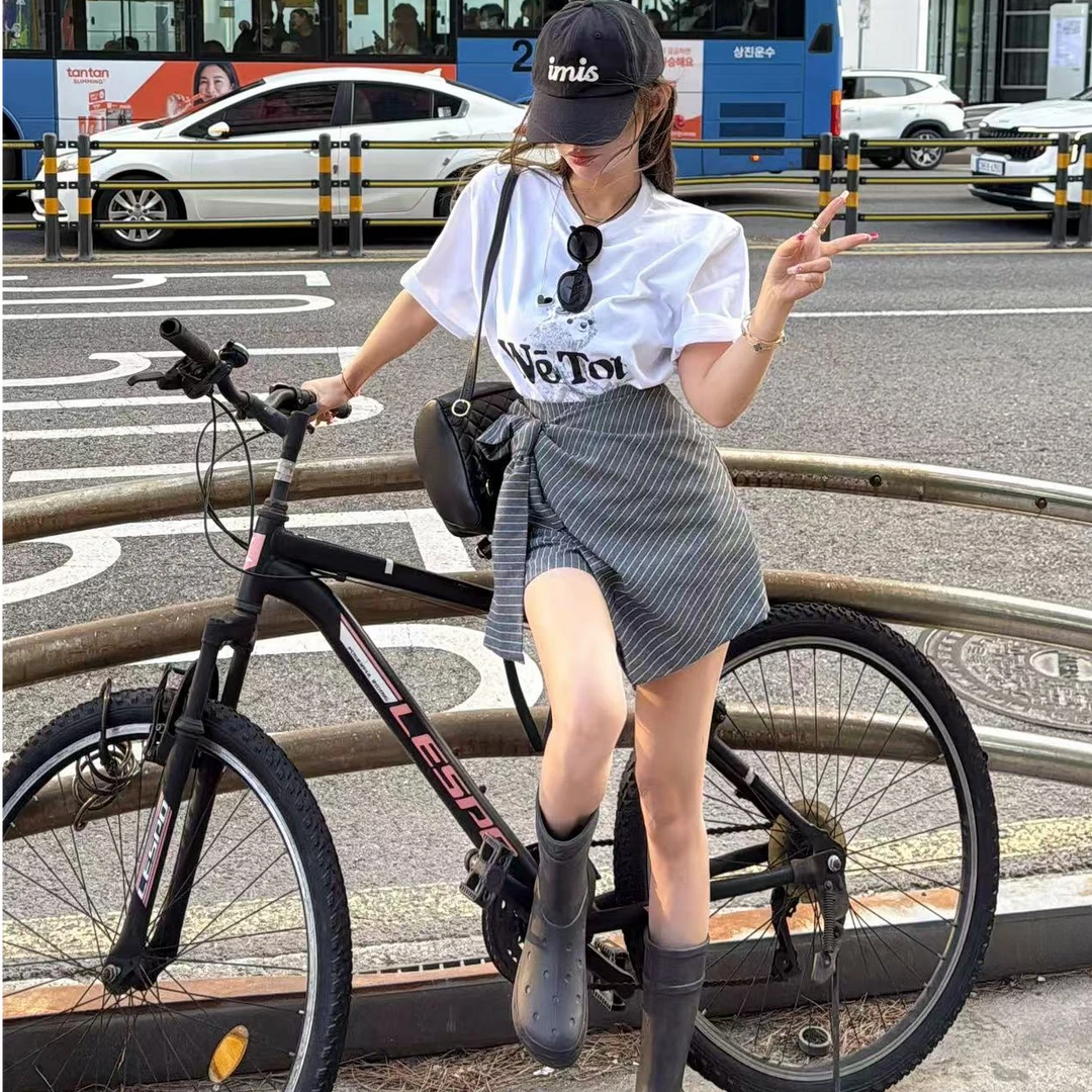 【YKL】夏日画染  小熊印花短袖/条纹侧打结裙裤