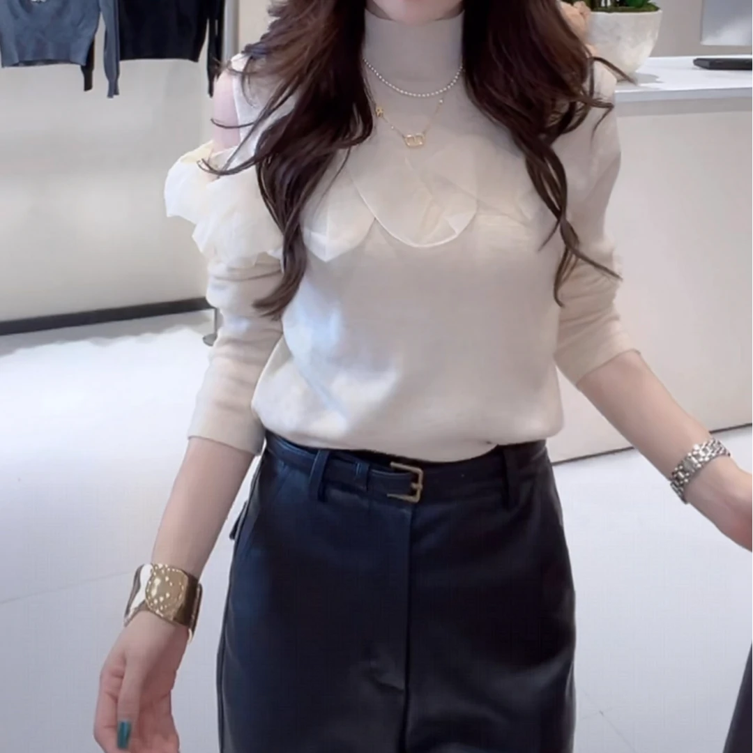 气质时尚露肩纱网拼接打底衫2025秋季新款设计感修身显瘦高领上衣