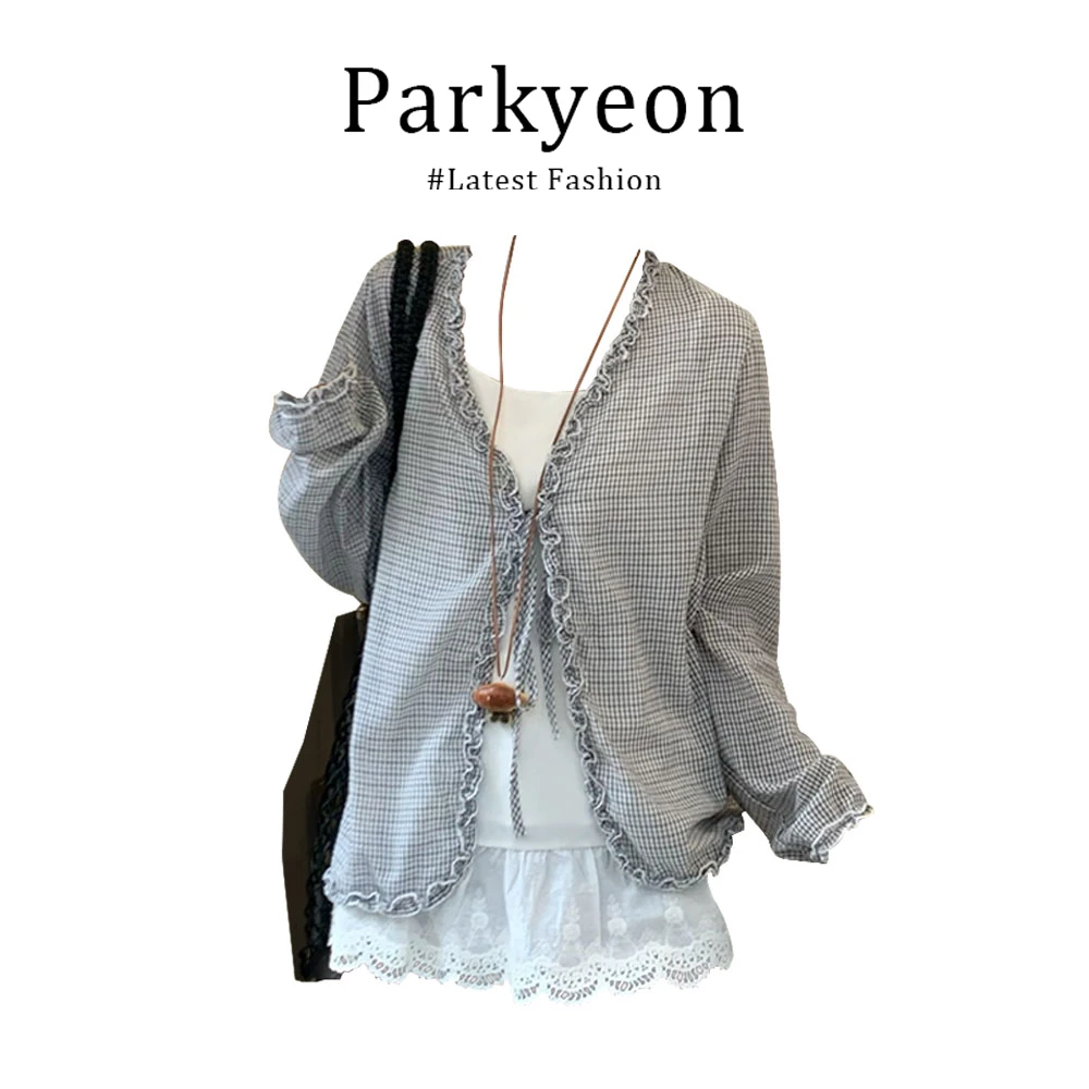 parkyeon减龄穿搭格子木耳边系带罩衫蕾丝吊带两件套女早秋设计感