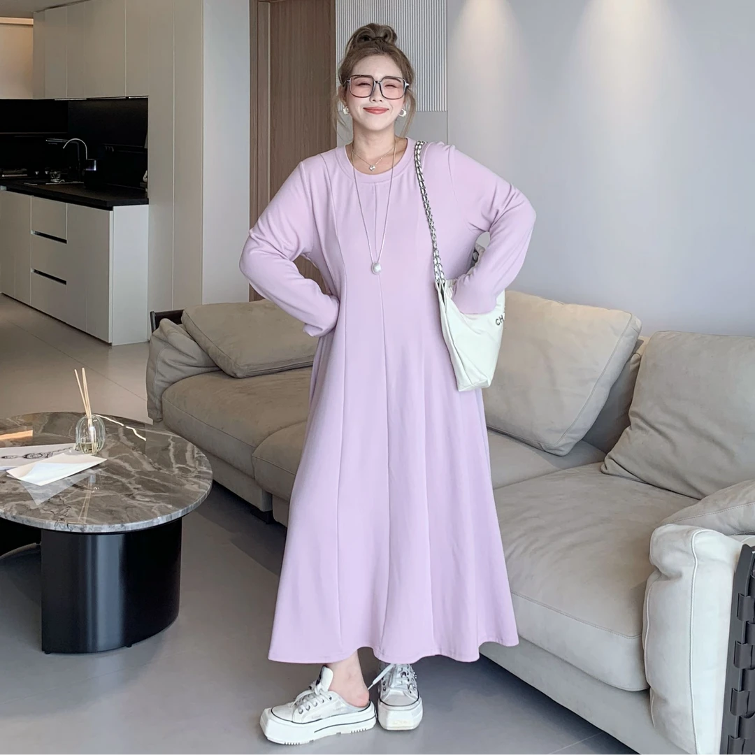 媛子大码纯色简约连衣裙2025新款气质显瘦A摆韩版百搭打底长裙