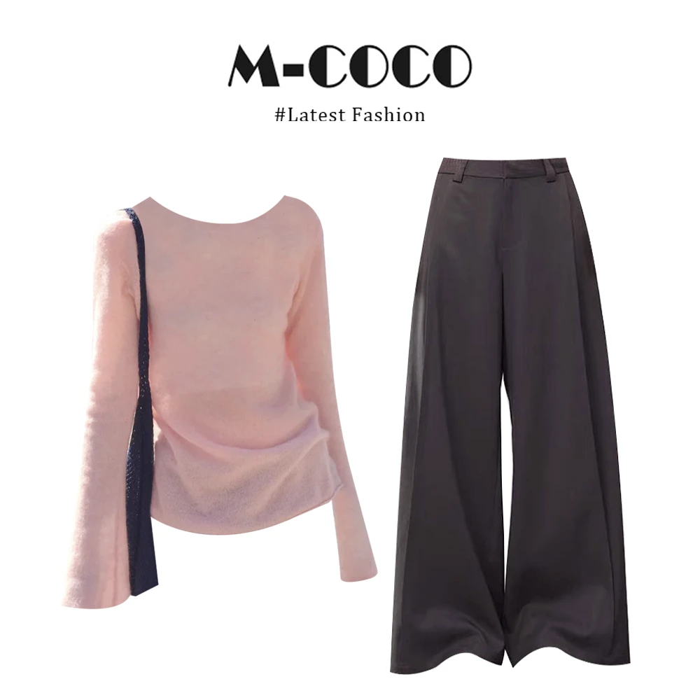 【运费险性价比】温柔风纯欲柔软粉色针织衫女2025新款直筒裤两件套