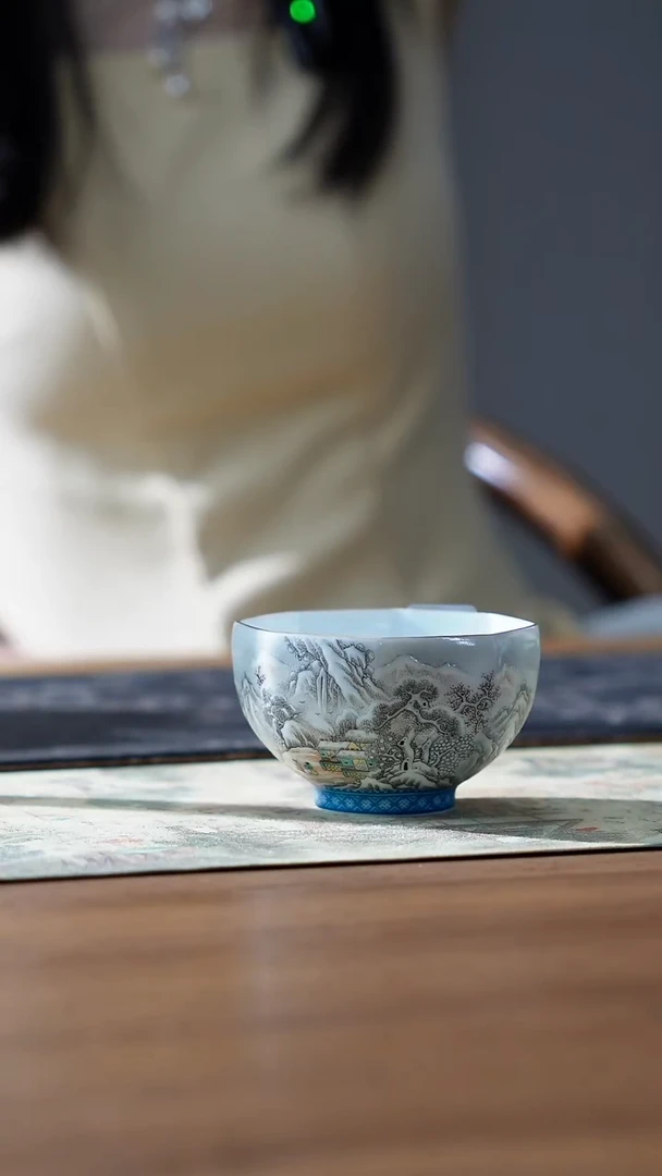 宁封窑墨彩雪景八方杯