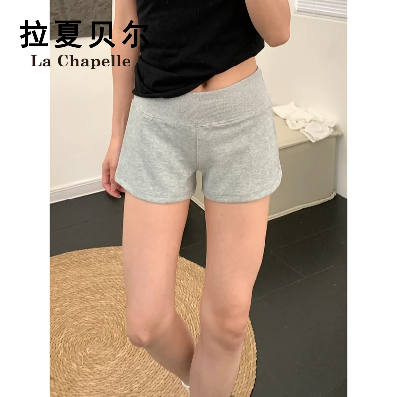 拉夏贝尔灰色运动短裤女夏外穿高腰时尚直筒美式宽松休闲百搭热裤