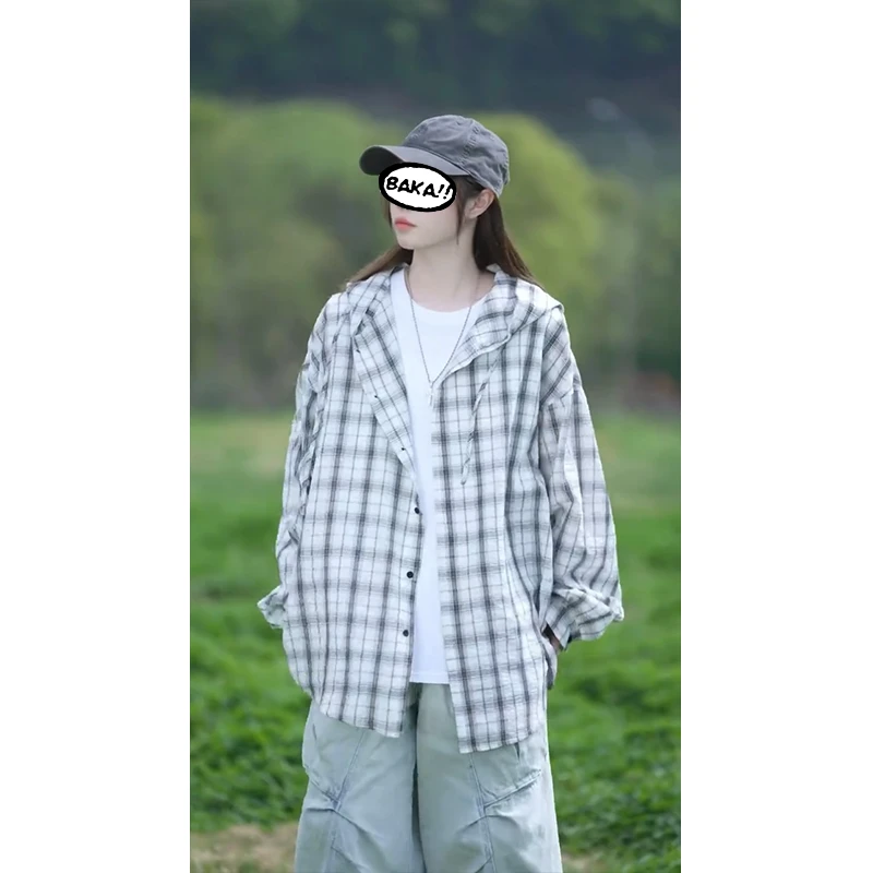 冰丝速干连帽防晒衣男女夏季薄款长袖格子衬衫慵懒风宽松情侣外套